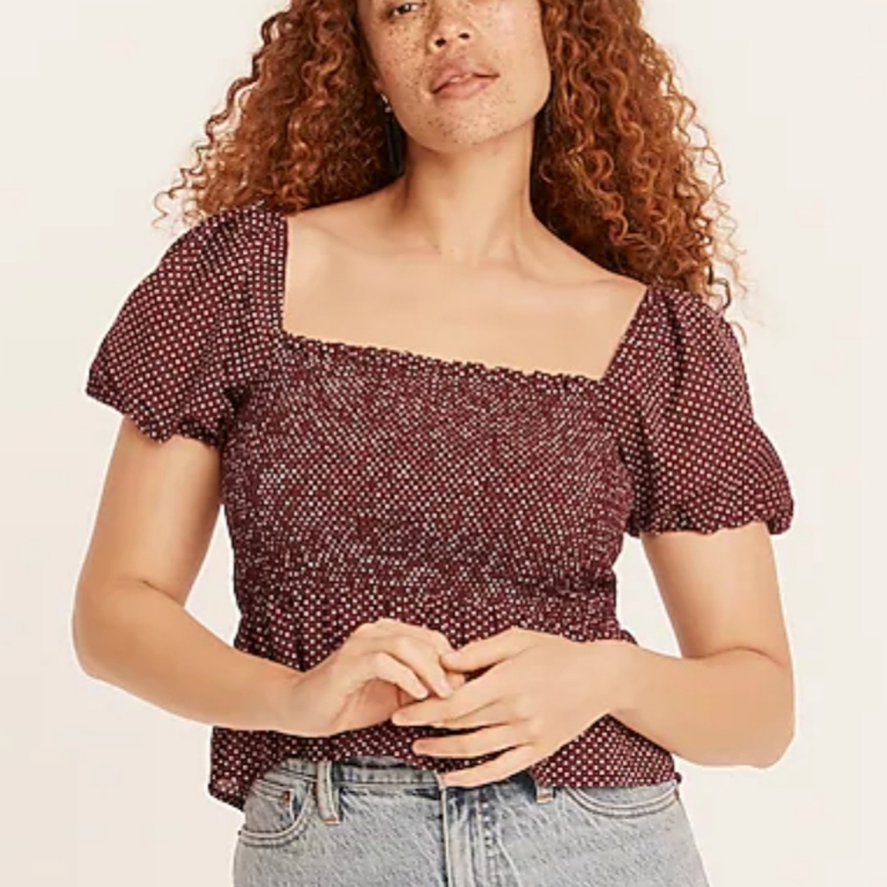 J. Crew NWT Squareneck smocked cotton voile top XL Sable brown and white